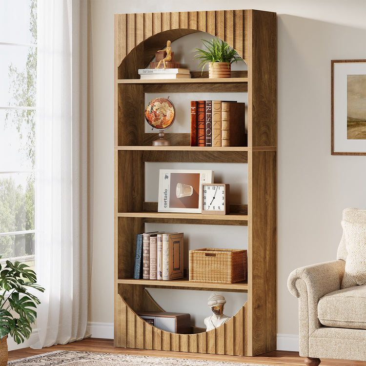 5-Tier Bookshelf, 70.8" Bookcase with Fluted Arched Top and Back Baffle