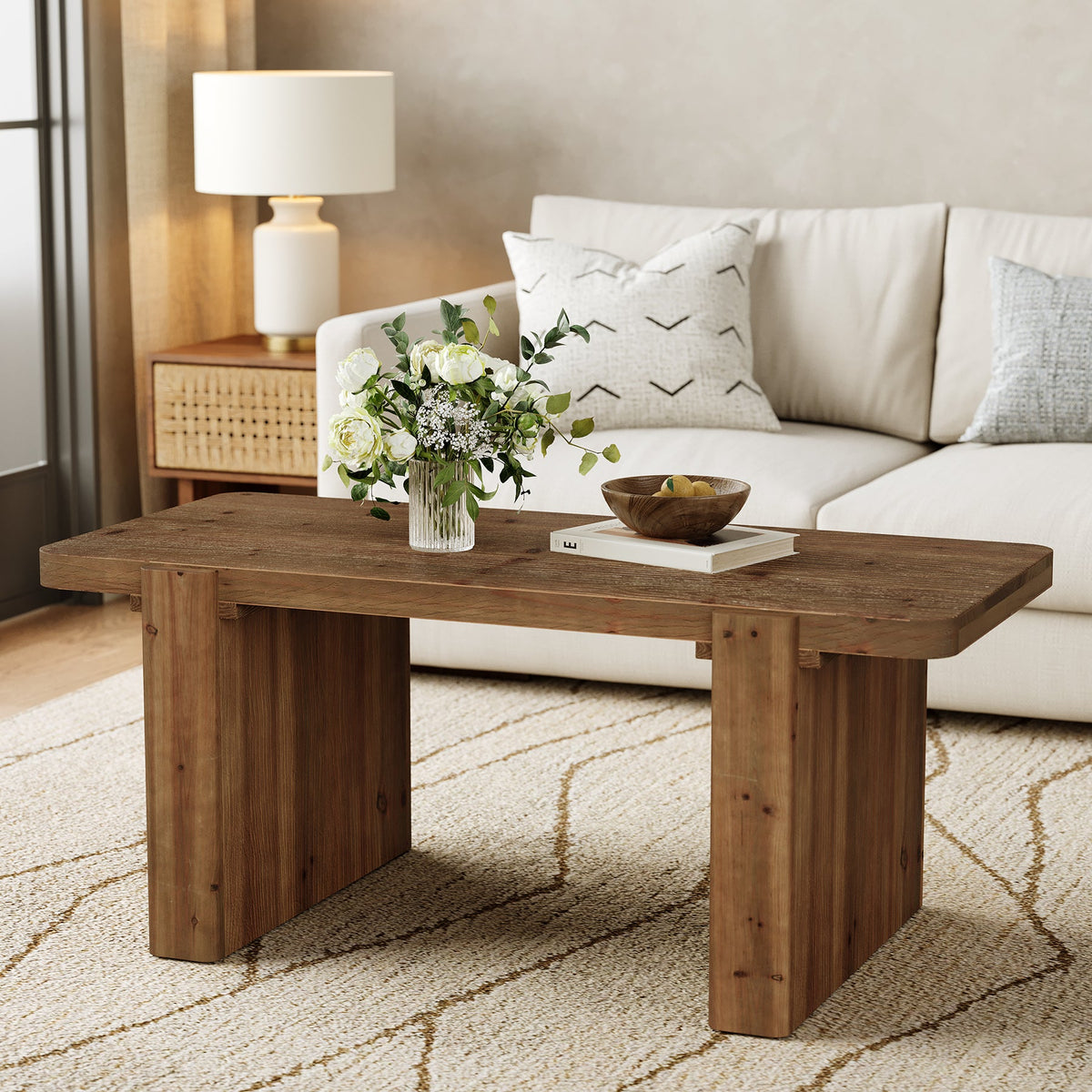 47" Solid Wood Coffee Table, Rectangular Center Table with Heavy-Duty Legs
