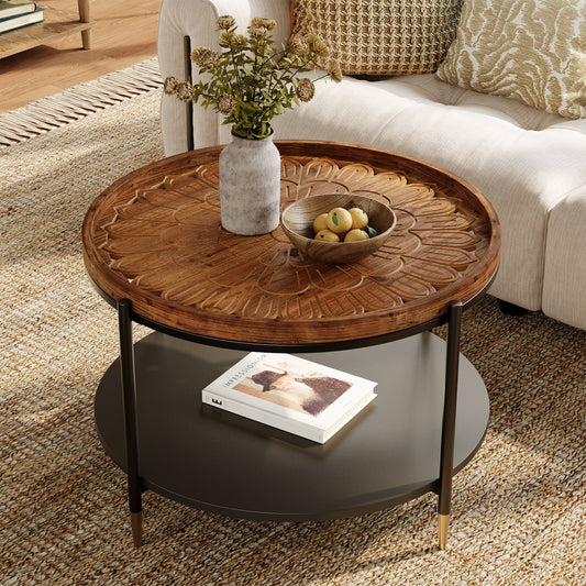 Solid Wood Round Coffee Table, 31.5" Center Tea Table with Metal Frame