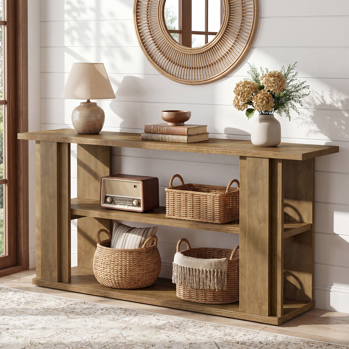 63" Farmhouse Console Table, Narrow Entryway Sofa Table with 3-Tier Storage Shelves