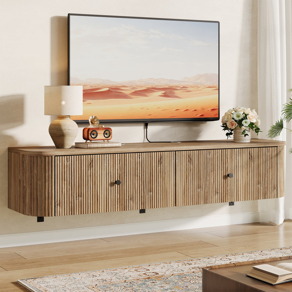 Floating TV Stand, 55" Wall Mounted Media Console with 2 Fluted Drawers