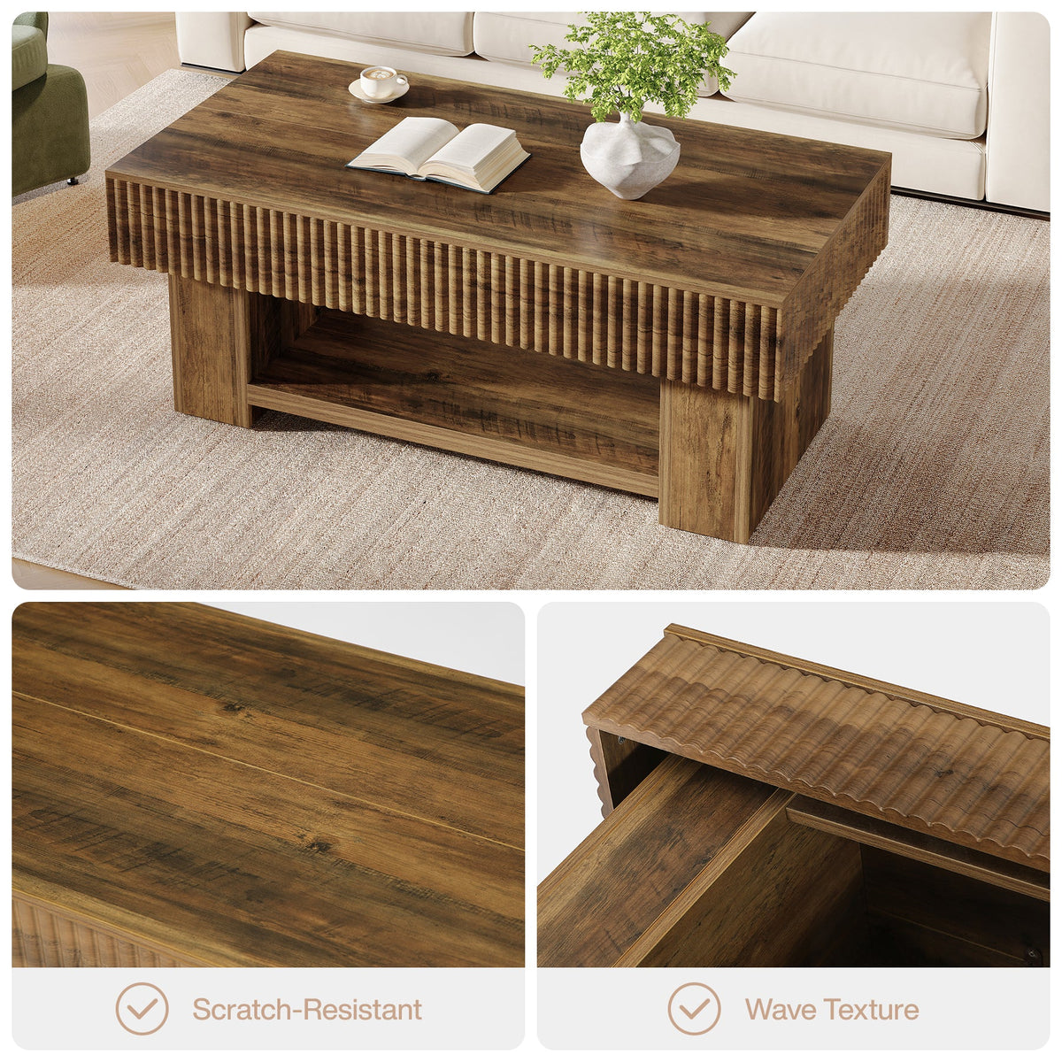 Farmhouse Coffee Table with Storage, 47" Center Table with Fluted Panel
