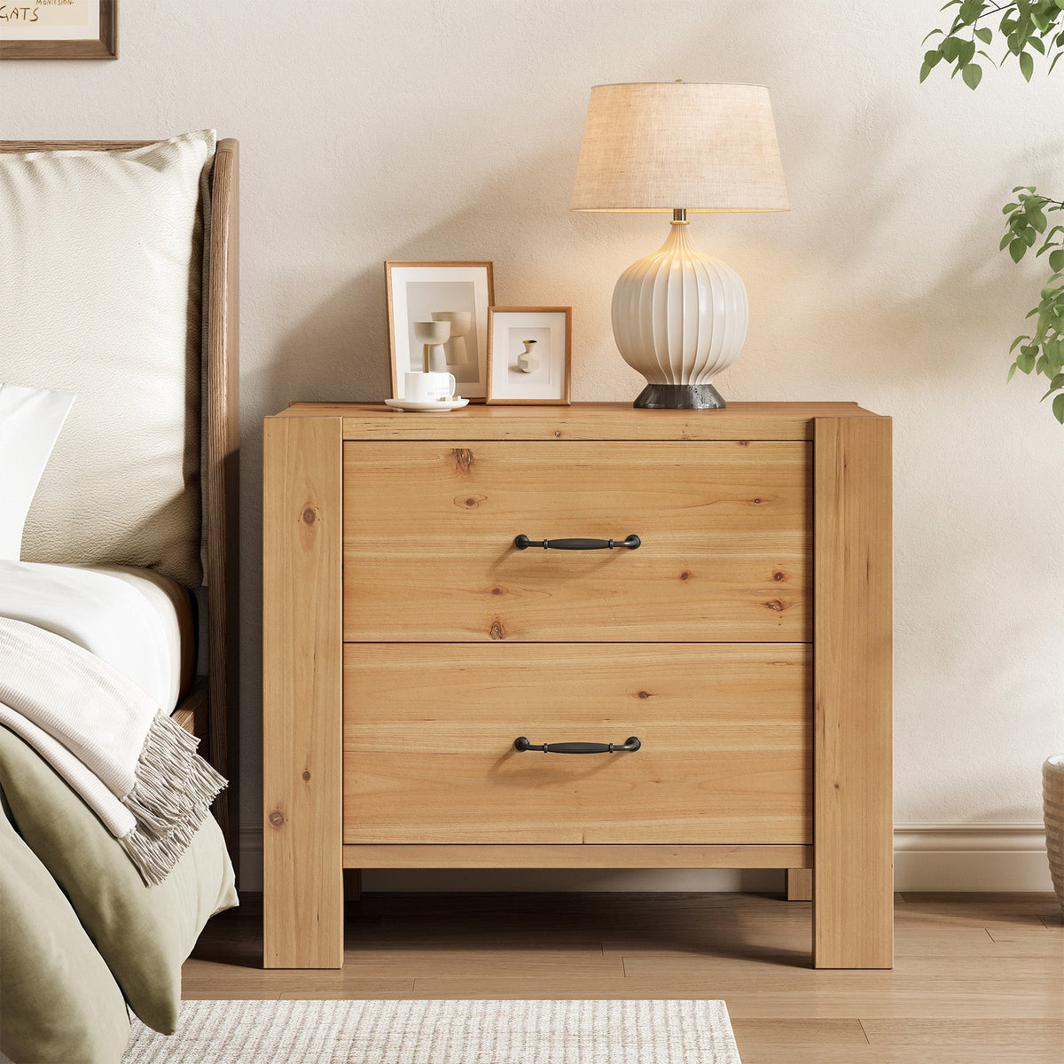 Solid Wood Nightstand, Oversize Bedside Table with 2 Drawers