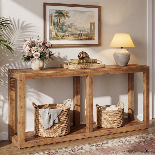 70.9" Solid Wood Console Table, 2-Tier Farmhouse Entryway Sofa Table Behind Couch