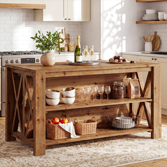 55" Solid Wood Kitchen Island, 3-Tier Stationary Storage Table For Kitchen Dining Room