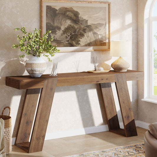 Solid Wood Console Table, 63" Narrow Sofa Table Behind Couch