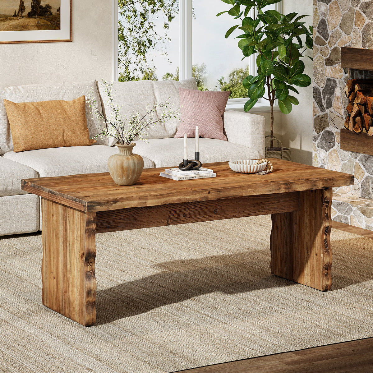 47.24" Solid Wood Coffee Table, Rectangular Center Table For Living Room