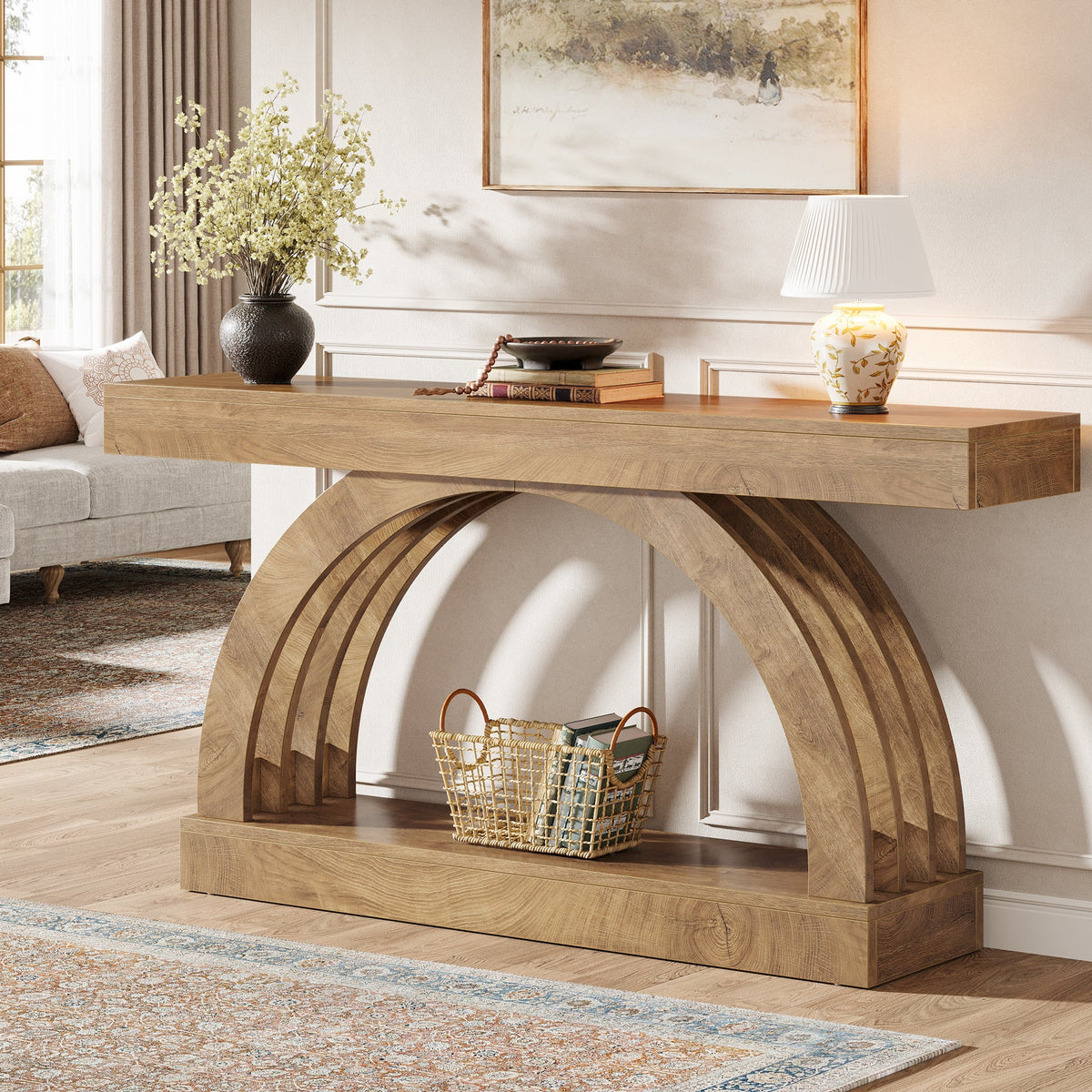2-Tier Console Table, 63" Unique Arched Sofa Table Behind The Couch