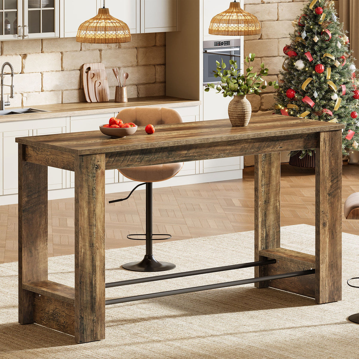 63" Bar Table Counter Height Pub Table with Metal Footrests