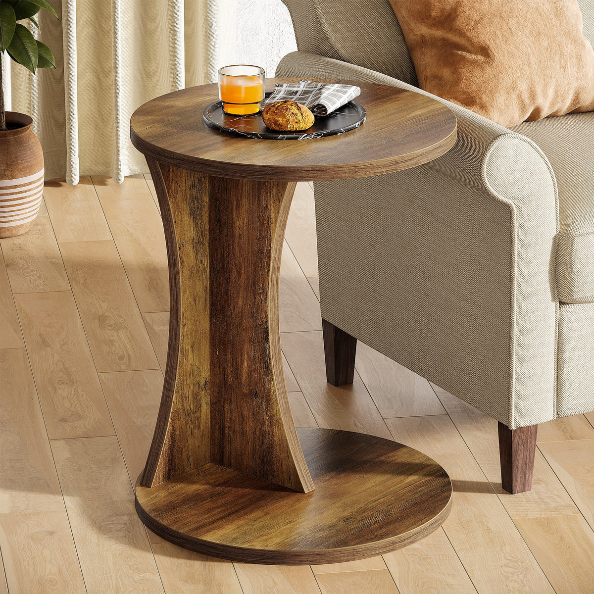 C-Shaped End Table, 2-Tier Round Side Table with Sturdy Base