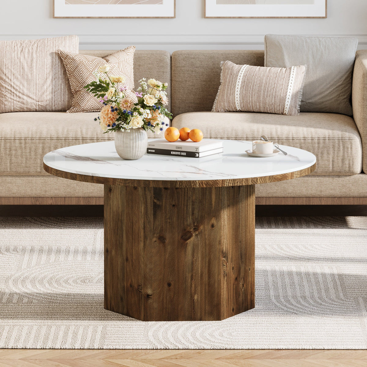 31.5" Round Coffee Table with Sintered Stone Top and Solid Wood Base