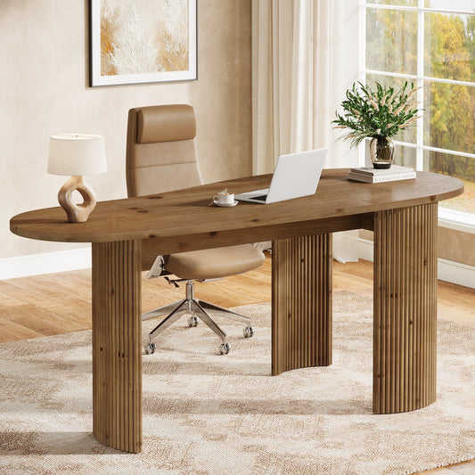 59" Solid Wood Executive Desk, Curved Computer Desk with Fluted Wooden Legs