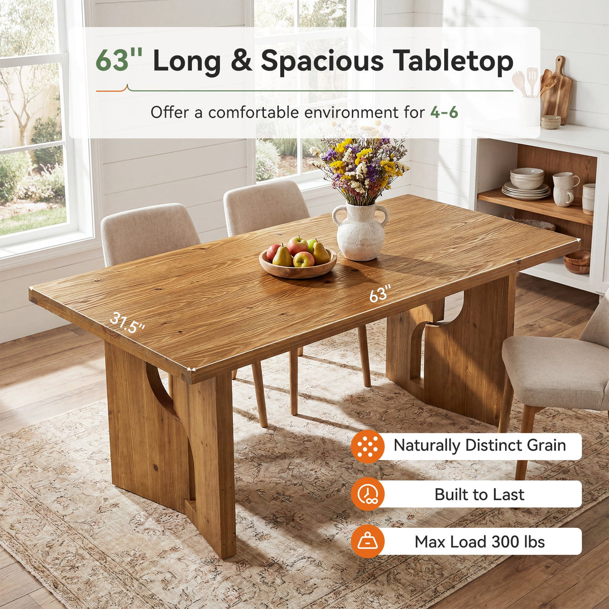 63" Solid Wood Dining Table for 4-6, Farmhouse Kitchen Table with Cutout Bases