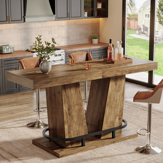 62.99" Bar Table for 4-6, Rectangle Counter Height Pub Table with Metal Footrest