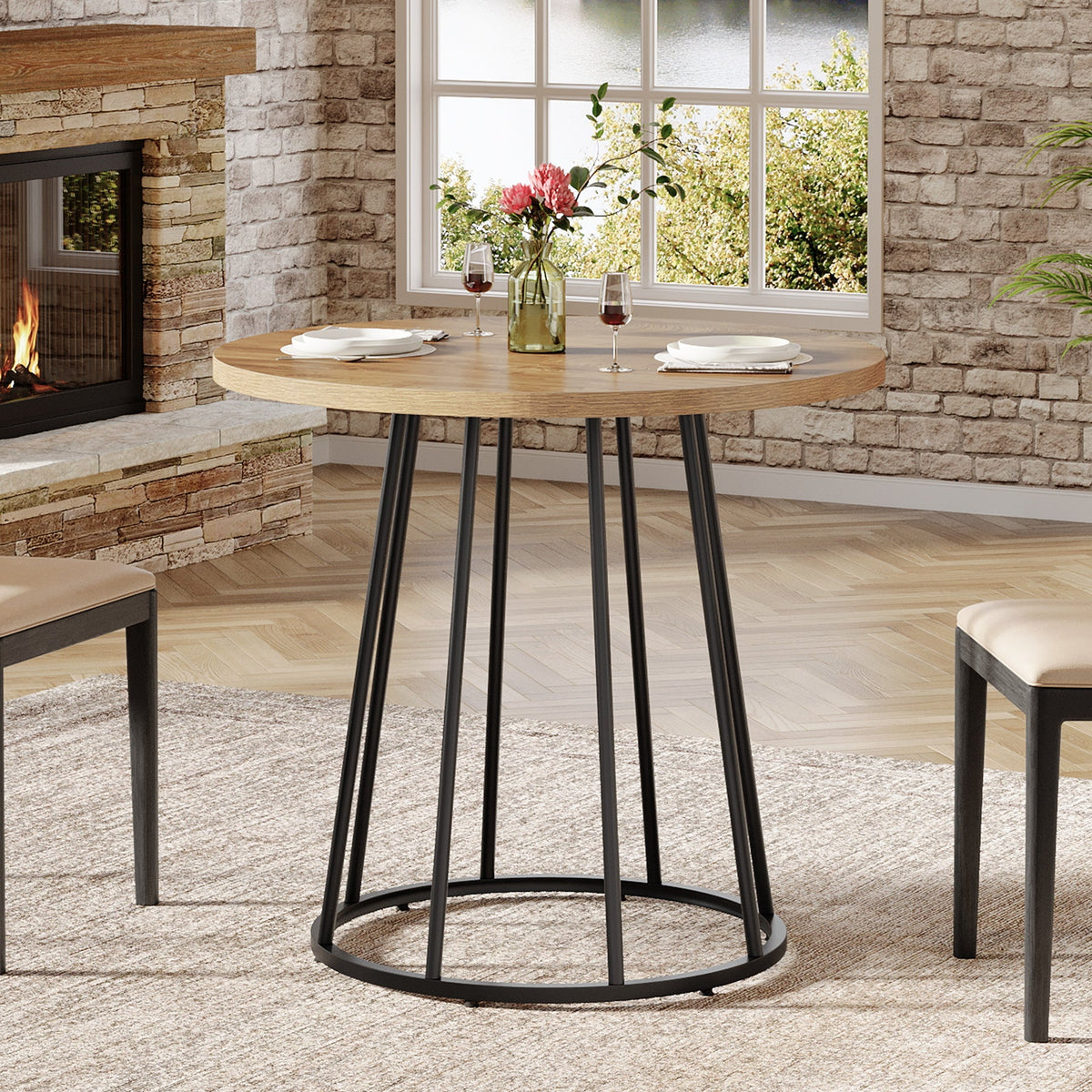 31.5" Round Dining Table For 2-4, Small Kitchen Dinner Table With Metal Base