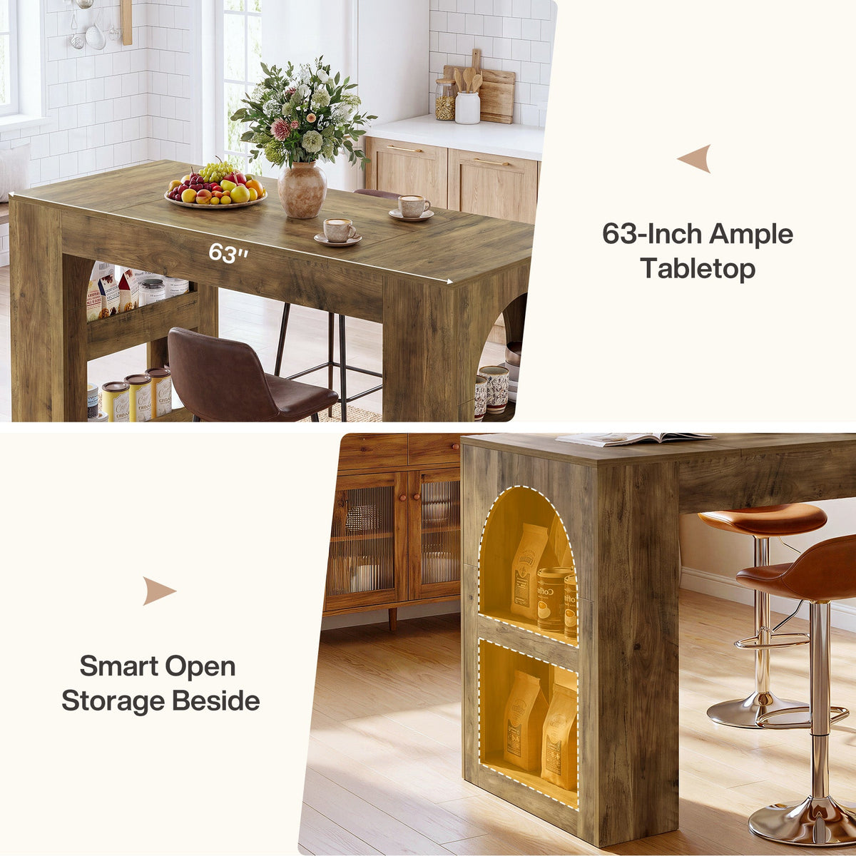 63" Counter Height Bar Table with Side Storage, Industrial Counter Table for Home Bar & Dining Room
