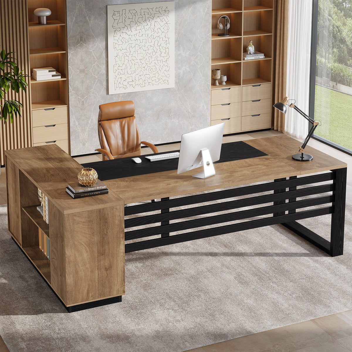 78" L-Shaped Executive Desk, Modern Office Desk with Cabinet Storage & Shelves