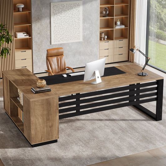 78" L-Shaped Executive Desk, Modern Office Desk with Cabinet Storage & Shelves