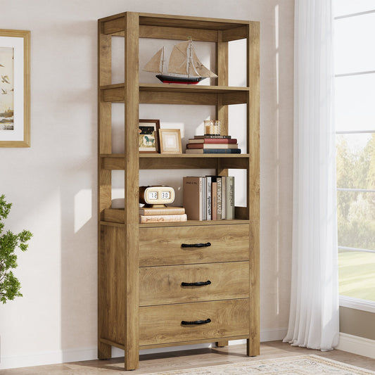70.9" Bookshelf with Drawers, Modern Bookcase with 3-Tier Open Shelf