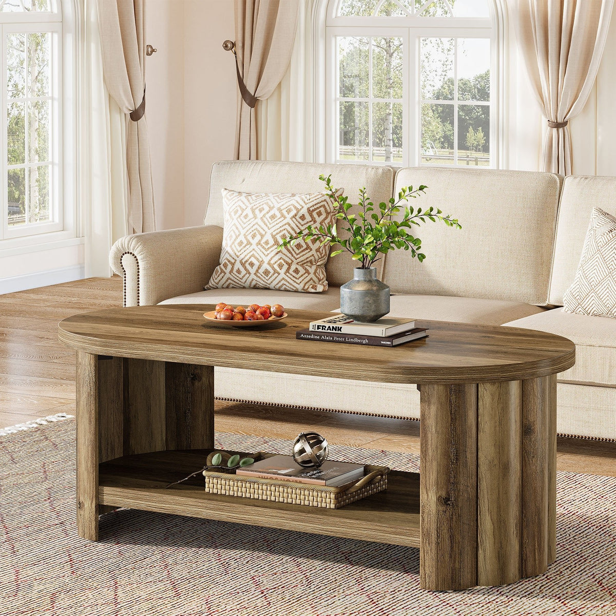 47.24" Oval Coffee Table, 2-Tier Accent Center Table with Storage Shelf for Living Room