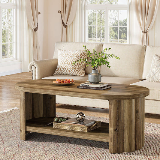 47.24" Oval Coffee Table, 2-Tier Accent Center Table with Storage Shelf for Living Room