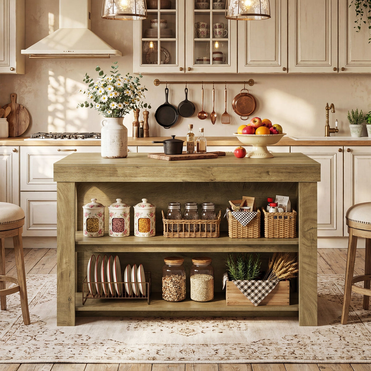 55" Kitchen Island with Storage, Large Stationary Island Bar Table with 3 Shelves