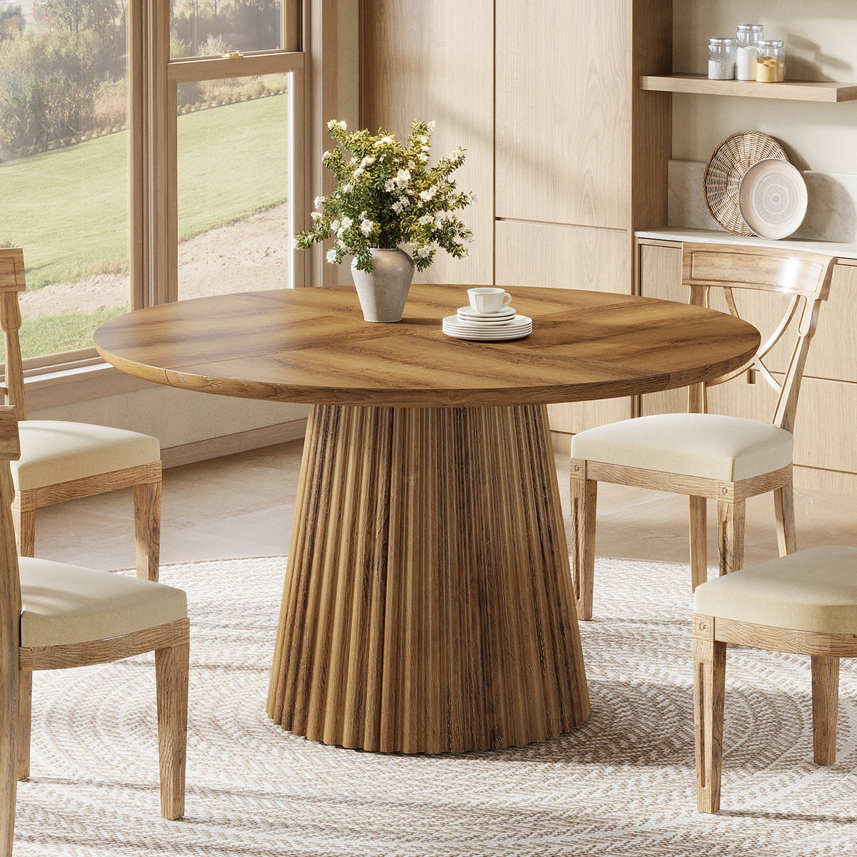 Round Dining Table, 47.24" Kitchen Table with Fluted Design for 4-6