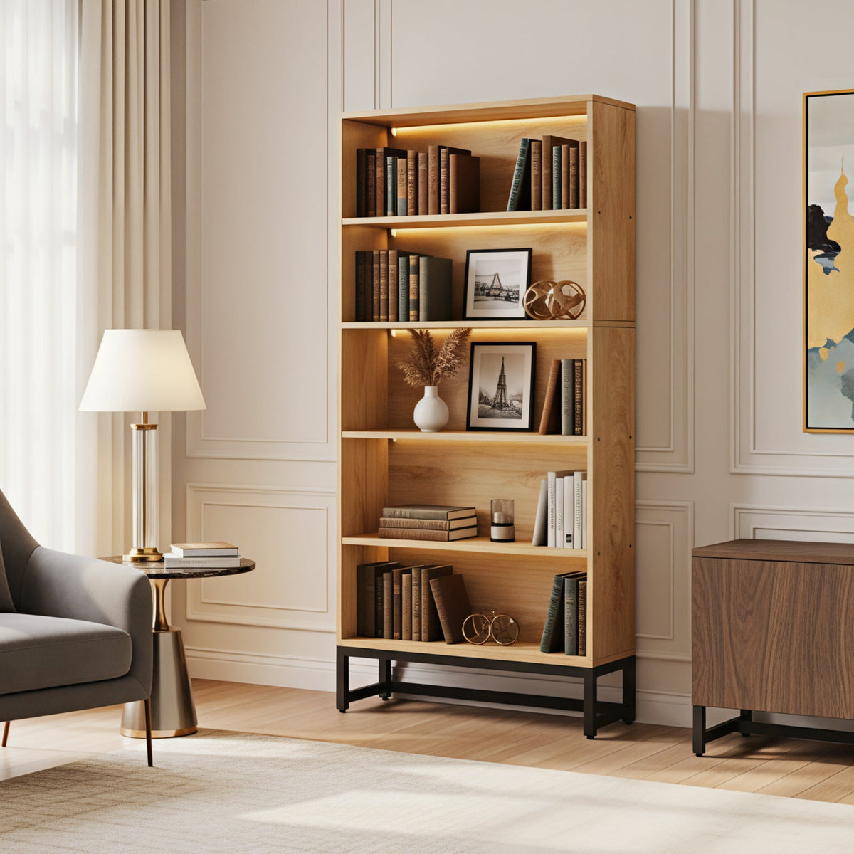 70.4“ 5-Tier Freestanding Bookshelf with LED Lights, Heavy-Duty Bookcase Display Organizer