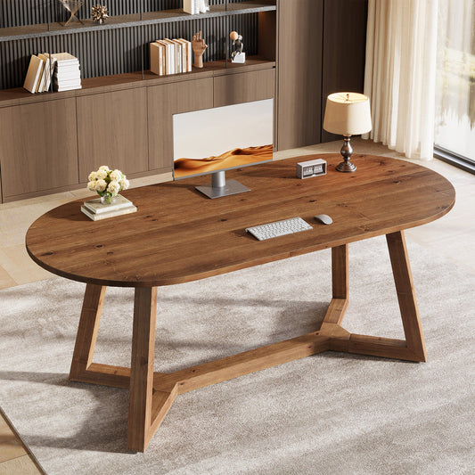 Solid Wood Computer Desk, 63" Oval Executive Desk with Sturdy Tapered Legs