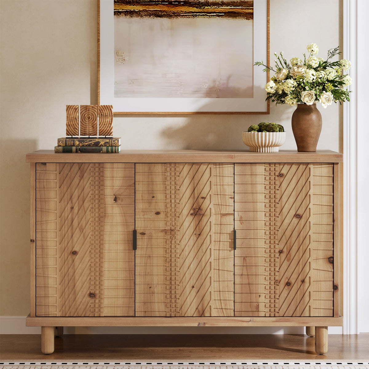 Wood Sideboard Buffet, Modern Kitchen Storage Cabinet with 2 Adjustable Shelves