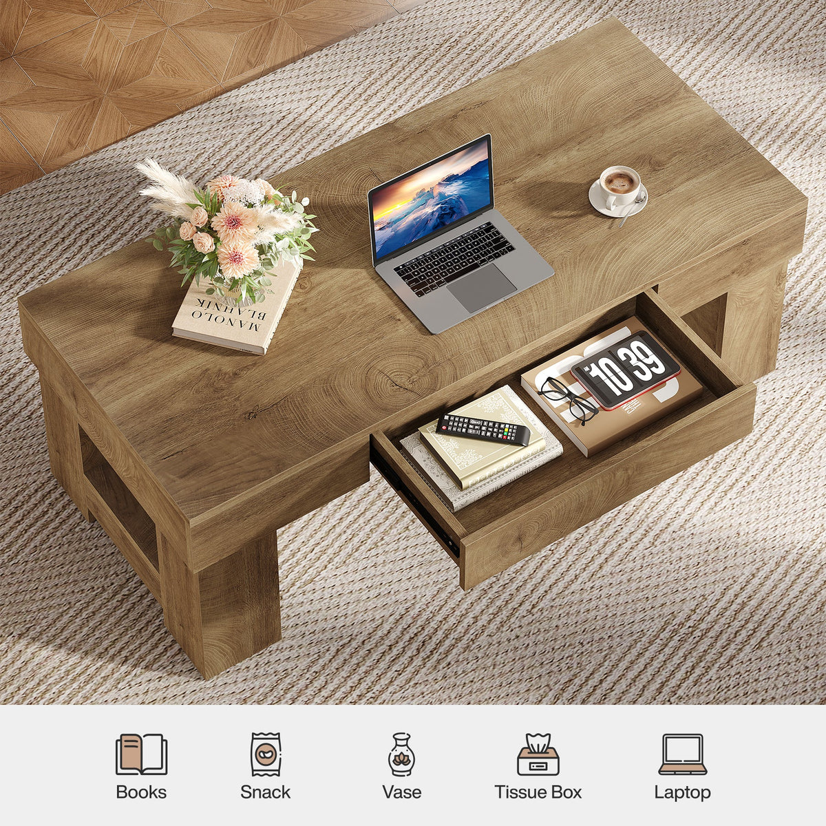Coffee Table with Storage Drawer, 47" Farmhouse Center Cocktail Table