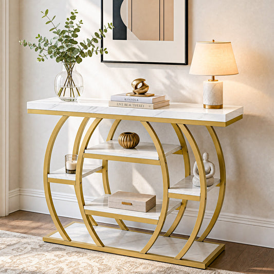 41" Gold Entryway Console Table with Faux Marble Top, Narrow Sofa Table with 5-Tier Storage Shelves