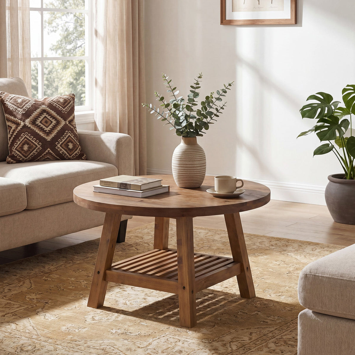 Solid Wood Round Coffee Table, 31.5" Center Table with 2-Tier Storage for Living Room