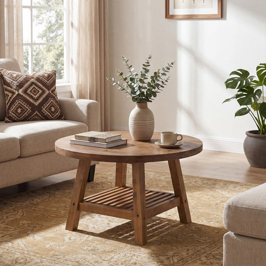 Solid Wood Round Coffee Table, 31.5" Center Table with 2-Tier Storage for Living Room