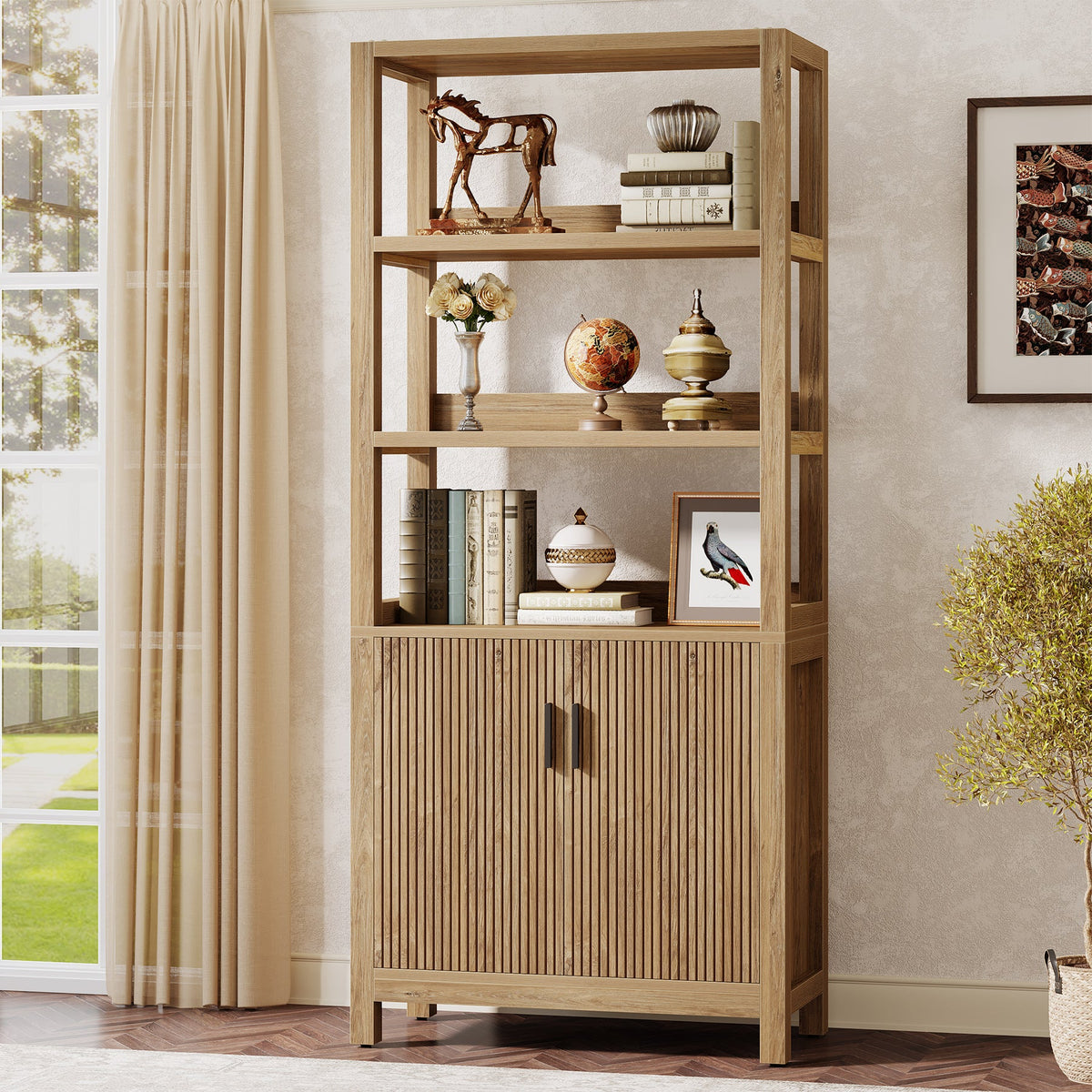 70.9" Bookcase, Wooden Bookshelf with 3-Tier Open Shelf and Door Cabinet