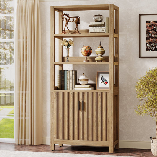 70.9" Bookcase, Wooden Bookshelf with 3-Tier Open Shelf and Door Cabinet