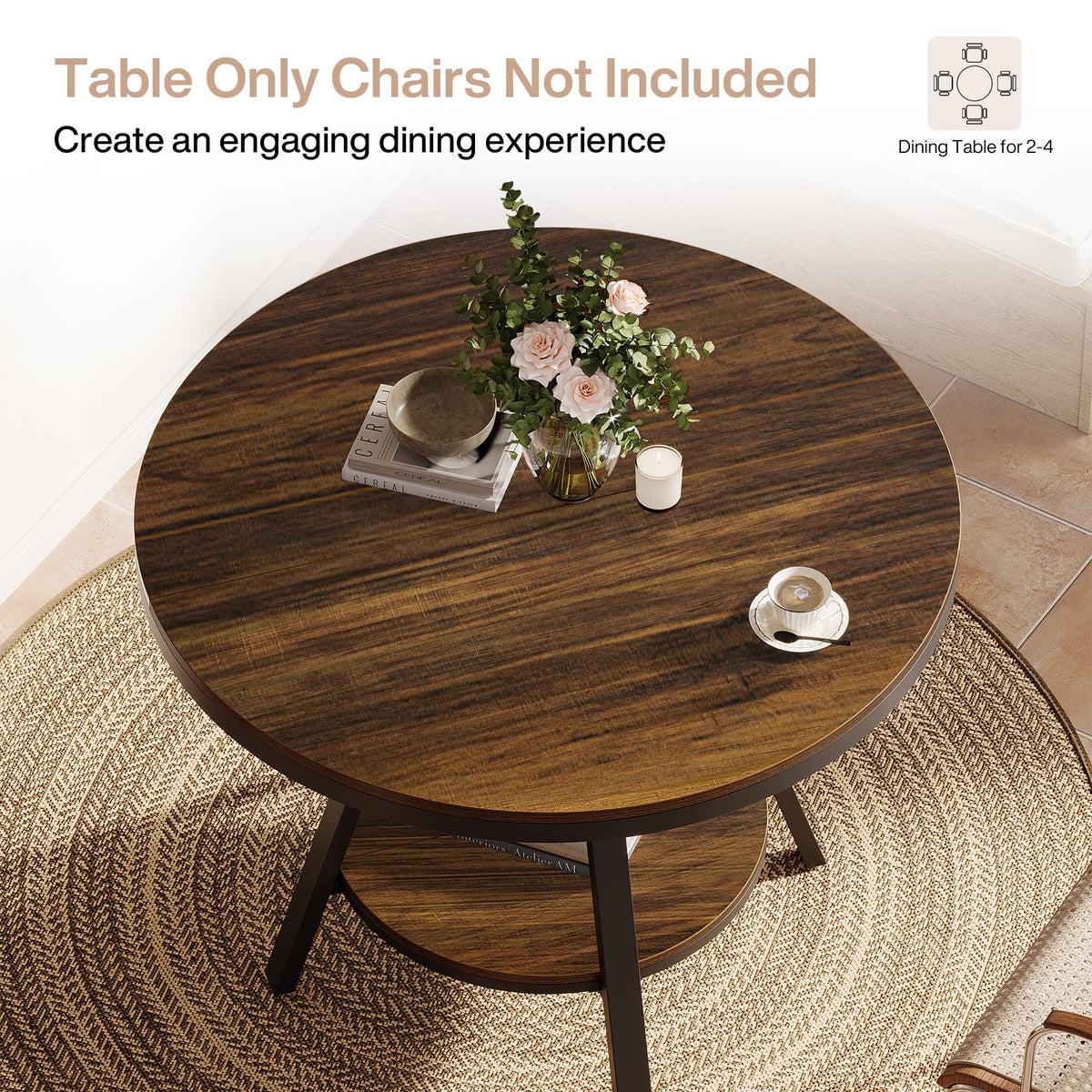 35" Round Dining Table for 2-4 People, 2-Tier Industrial Small Kitchen Dinner