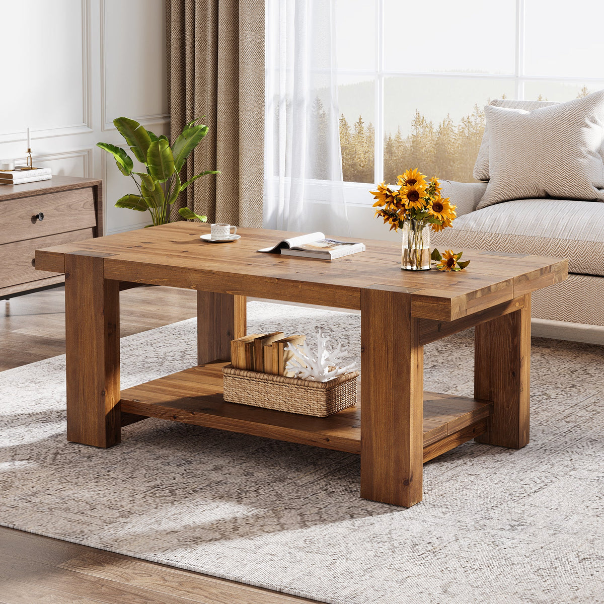 47.2" Solid Wood Coffee Table, Rectangle Center Table with 2-Tier Storage Shelf