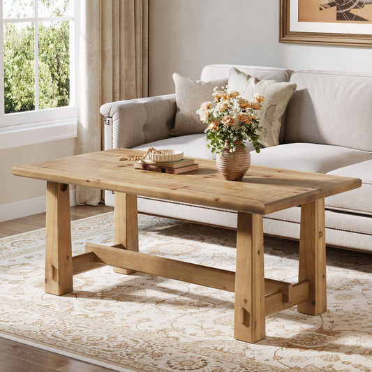 47" Solid Wood Coffee Table, Rectangular Center Table with H-Shaped Base