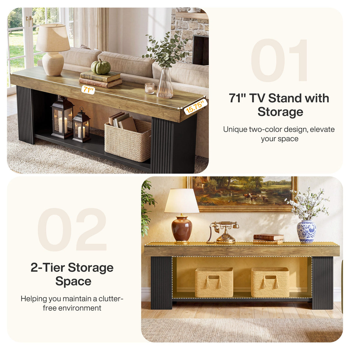 71" TV Stand for 70/75/80" TVs, Farmhouse Entertainment Center with Open Shelf