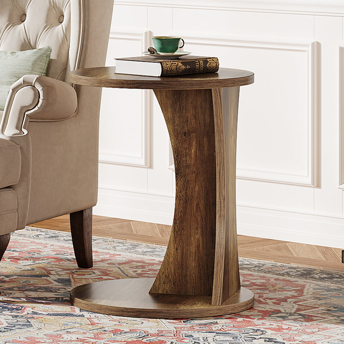 C-Shaped End Table, 2-Tier Round Side Table with Sturdy Base