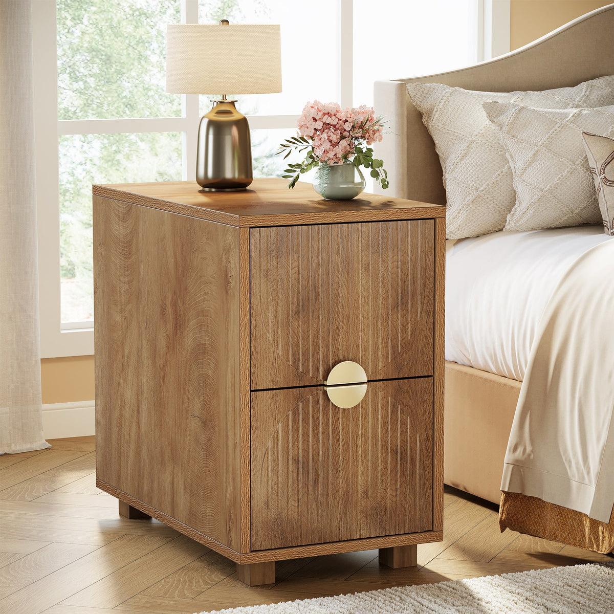 2-Drawer Nightstand, Narrow Bedside Table with Gold Metal Handle