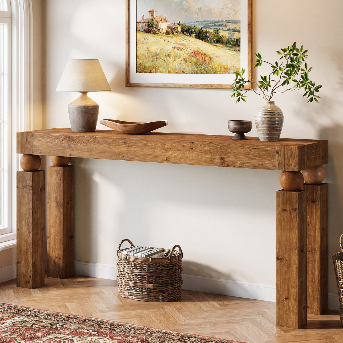59" Solid Wood Console Table, Narrow Farmhouse Sofa Table Behind Couch