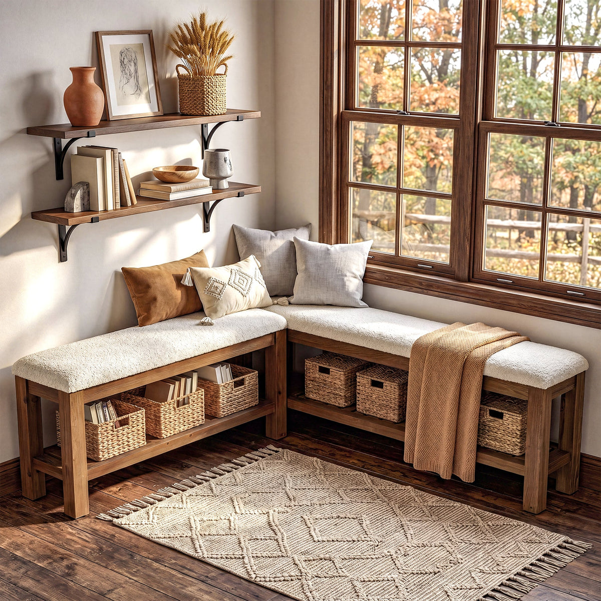 Solid Wood Entryway Bench Set, 55" L-Shaped Shoe Bench with Storage Shelf