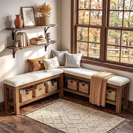 Solid Wood Entryway Bench Set, 55" L-Shaped Shoe Bench with Storage Shelf