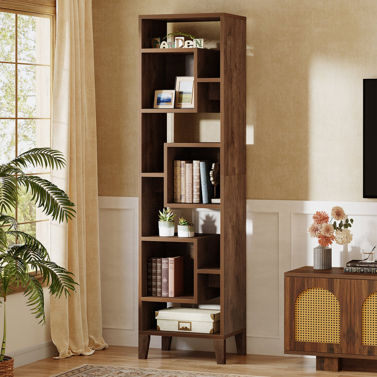 71" Narrow Bookshelf, 8-Tier Staggered Bookcase Etagere Display Shelf