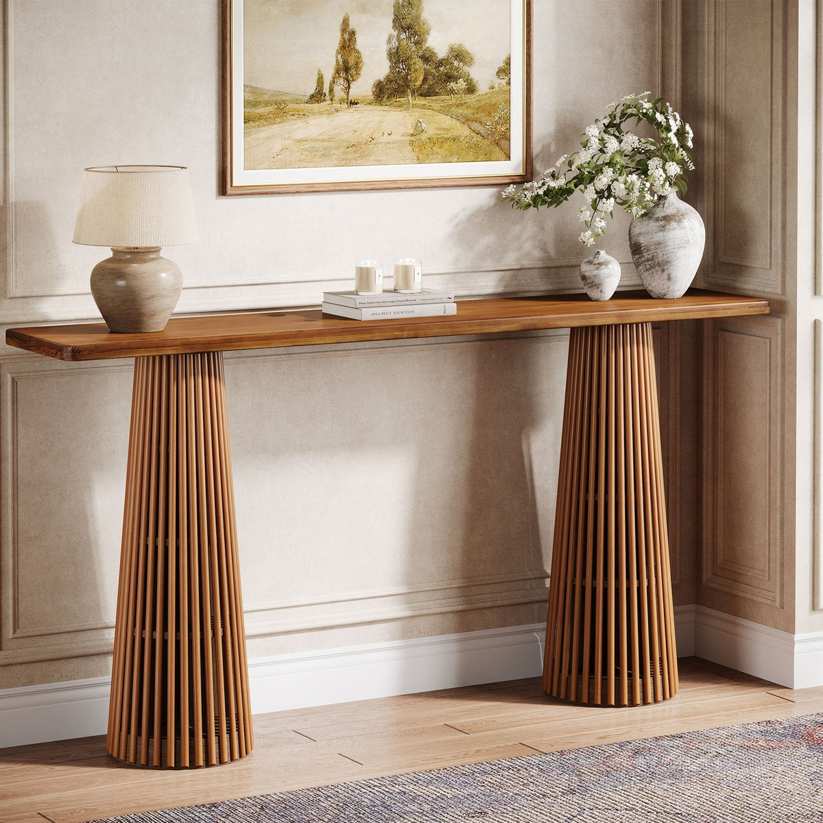 63" Console Table with Unique Base, Wooden Sofa Table Behind The Couch