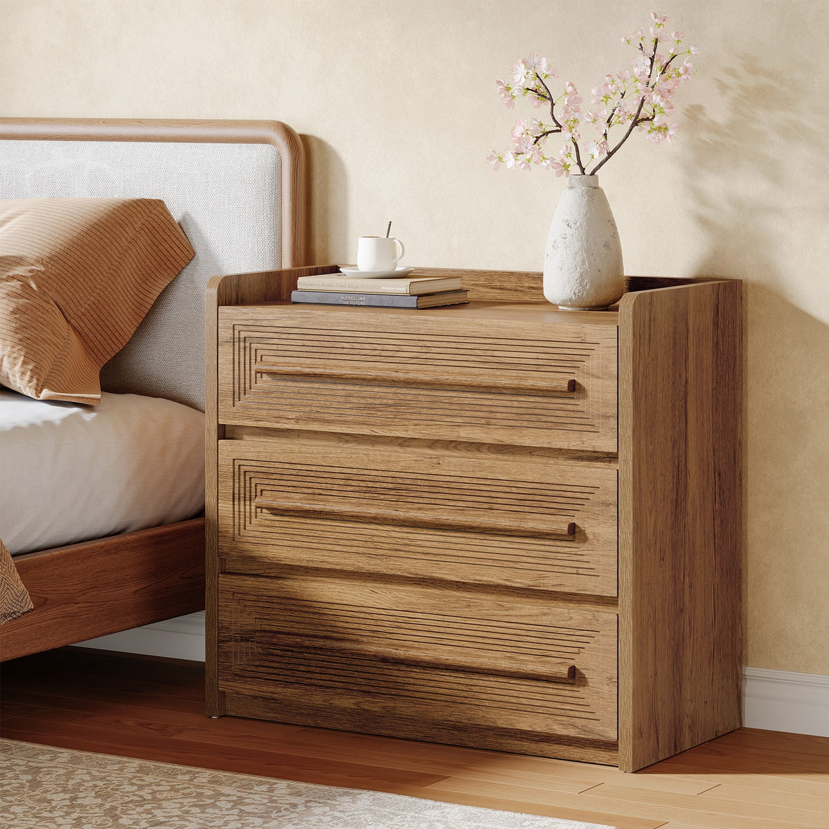 3-Drawer Nightstand, 32" Large Bedside Table Oversized End Table