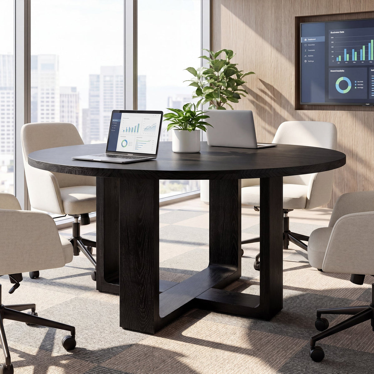 47.24" Black Solid Wood Conference Table, Round Meeting Table for 4–6 People with Cross-Shaped Base