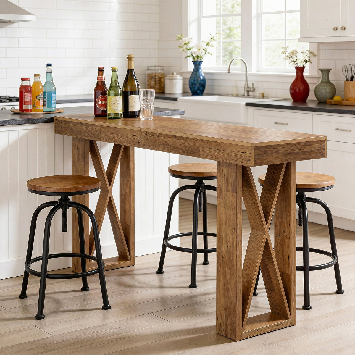63" Bar Table, Rectangular Counter Height Pub Table with X-Shaped Frame